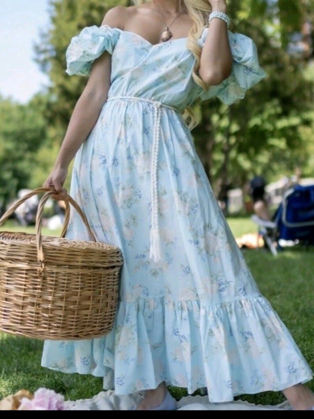 LoveShackFancy × Target Romantic Off-Shoulder Blue Floral Maxi Dress 8